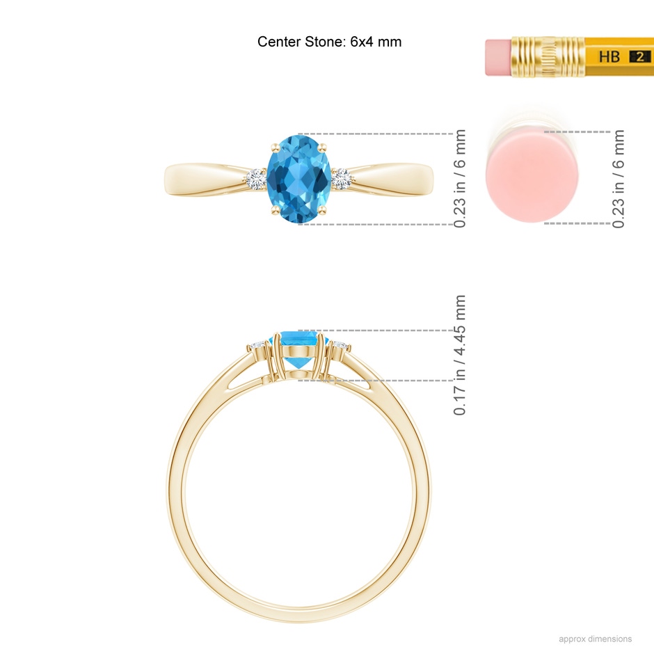 6x4mm AAA Swiss Blue Topaz Reverse Tapered Shank Ring with Diamonds in Yellow Gold ruler