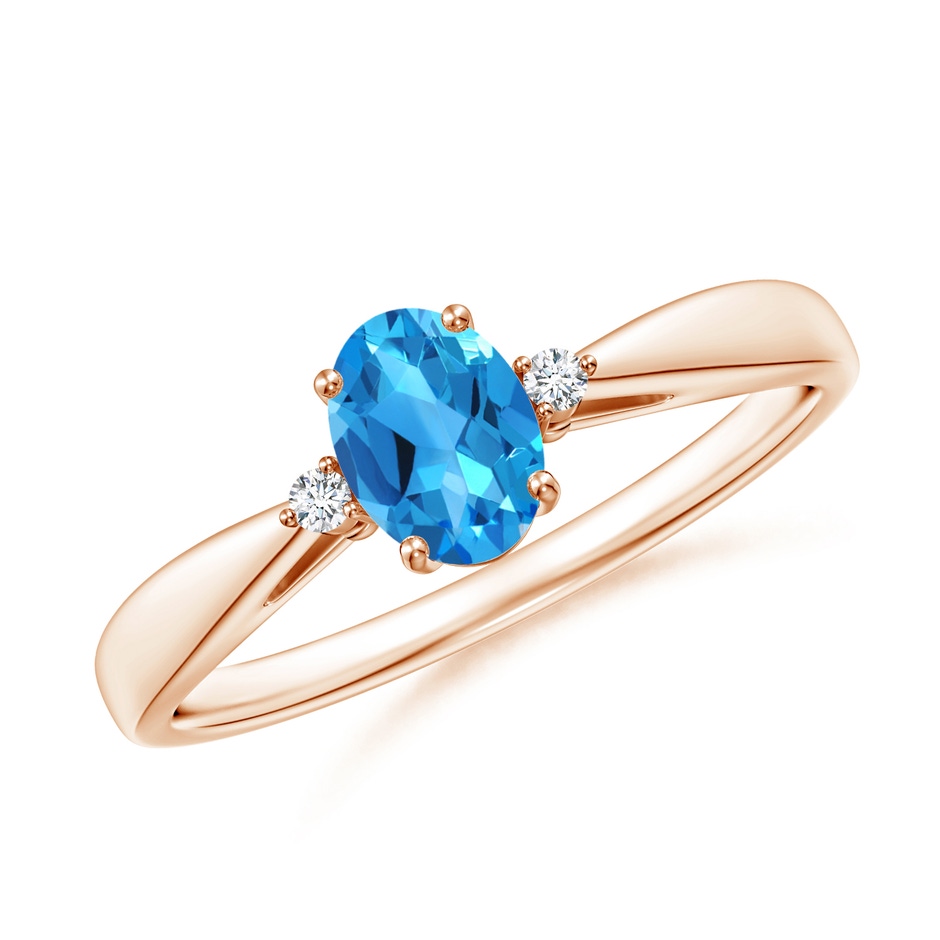 6x4mm AAAA Swiss Blue Topaz Reverse Tapered Shank Ring with Diamonds in Rose Gold 