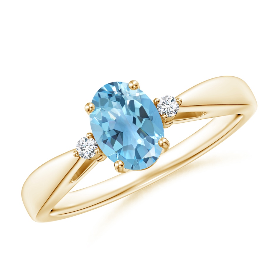 7x5mm A Swiss Blue Topaz Reverse Tapered Shank Ring with Diamonds in Yellow Gold 