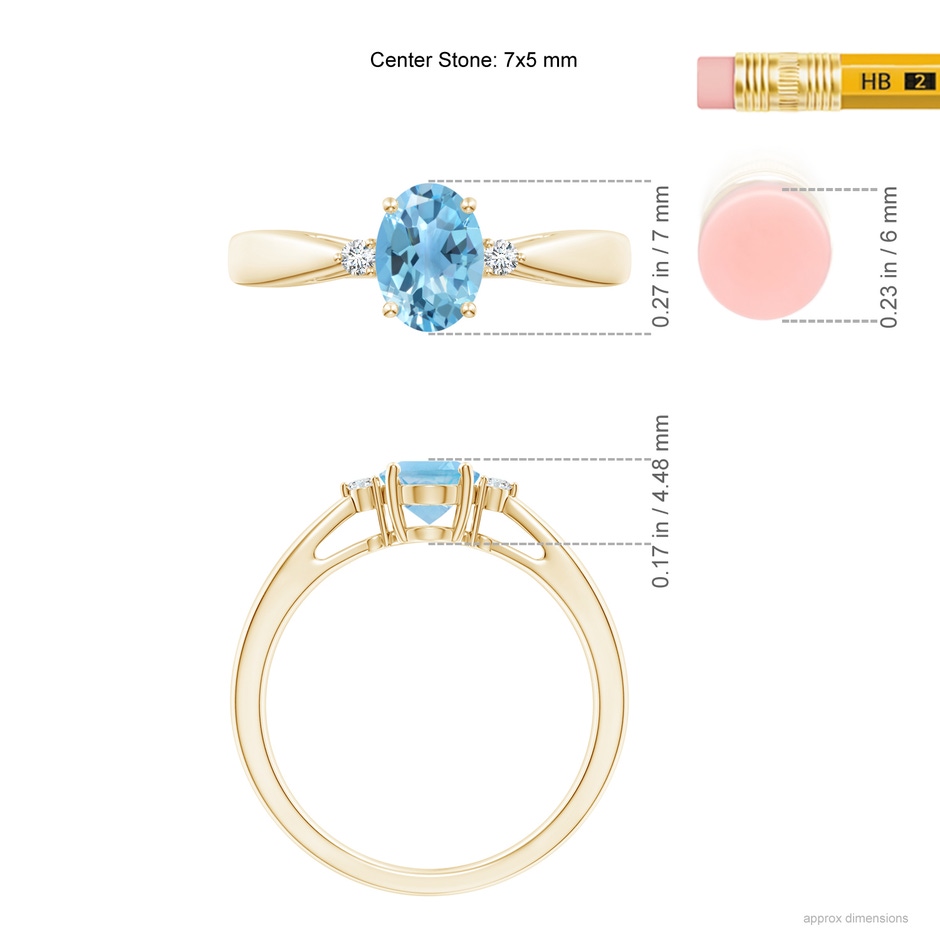 7x5mm A Swiss Blue Topaz Reverse Tapered Shank Ring with Diamonds in Yellow Gold ruler