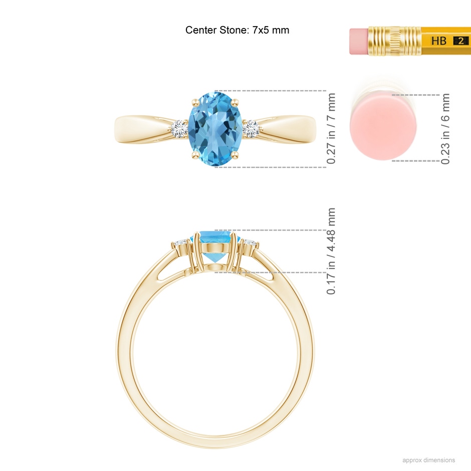 7x5mm AA Swiss Blue Topaz Reverse Tapered Shank Ring with Diamonds in Yellow Gold ruler