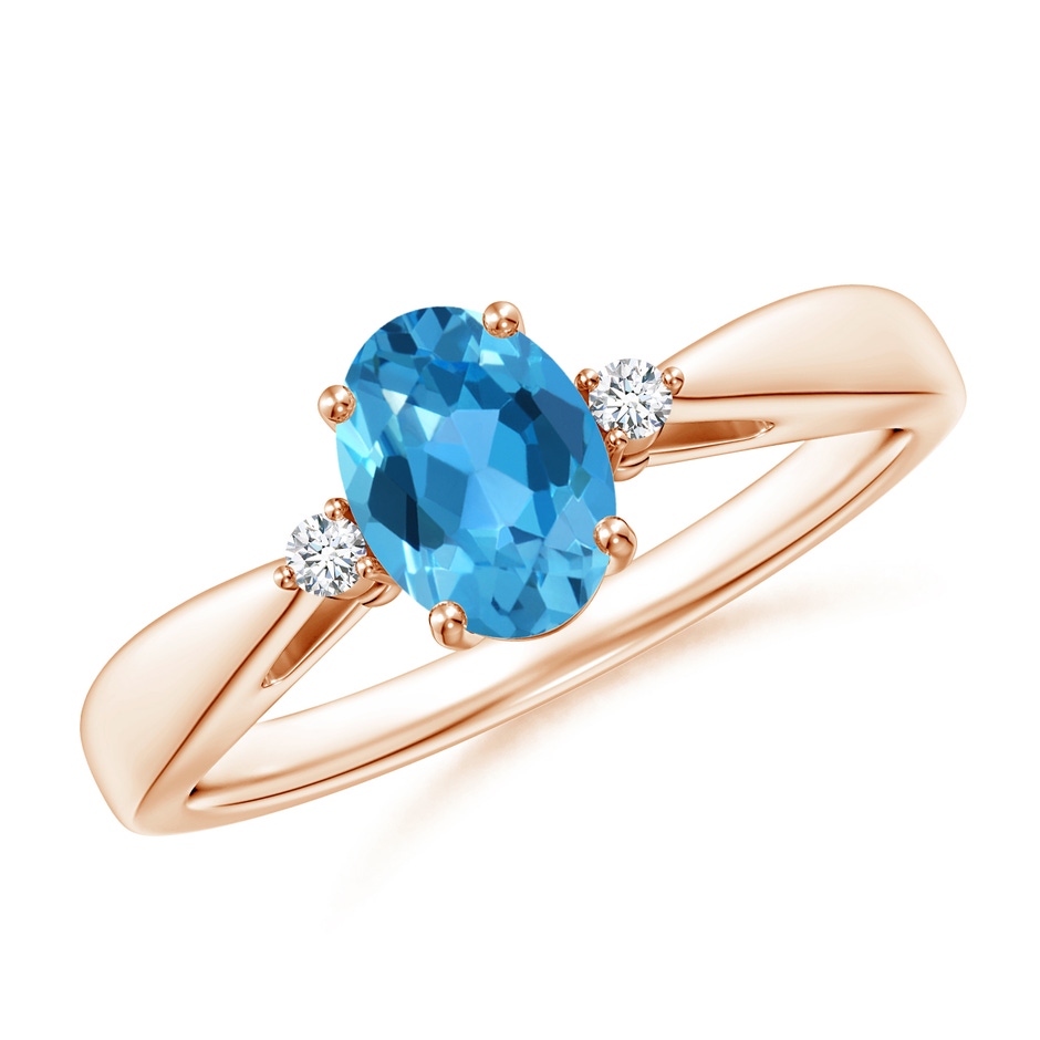 7x5mm AAA Swiss Blue Topaz Reverse Tapered Shank Ring with Diamonds in Rose Gold 