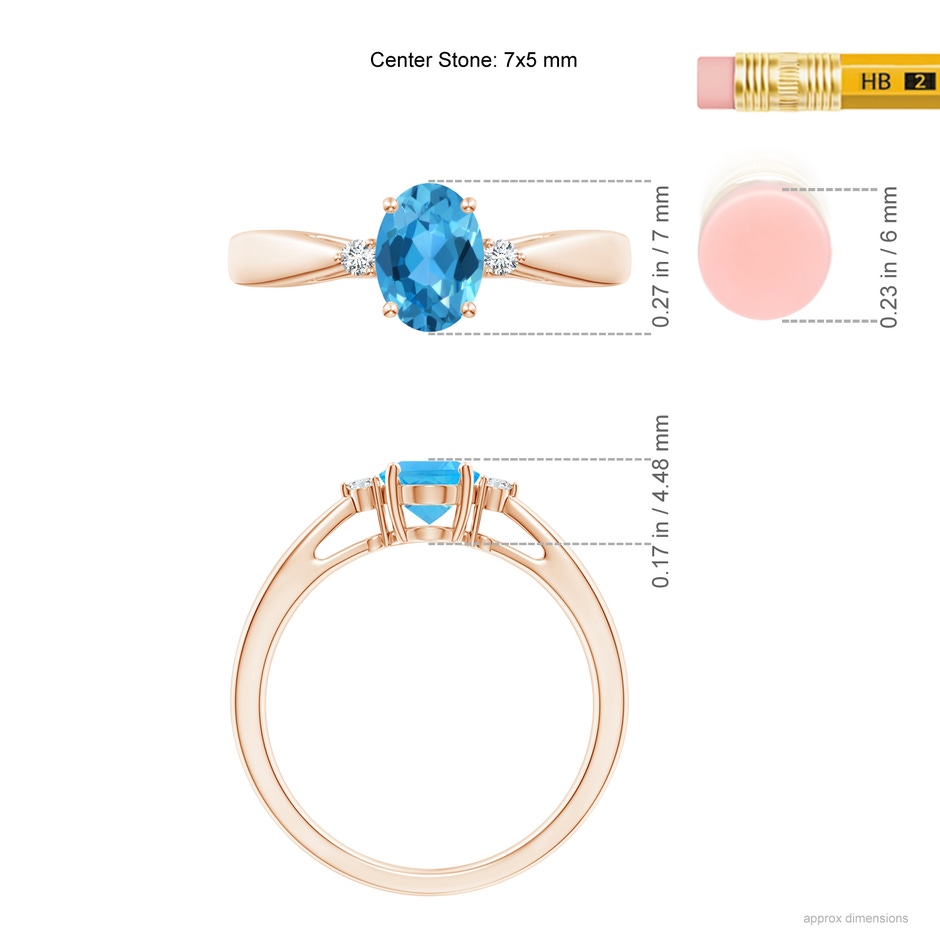 7x5mm AAA Swiss Blue Topaz Reverse Tapered Shank Ring with Diamonds in Rose Gold ruler