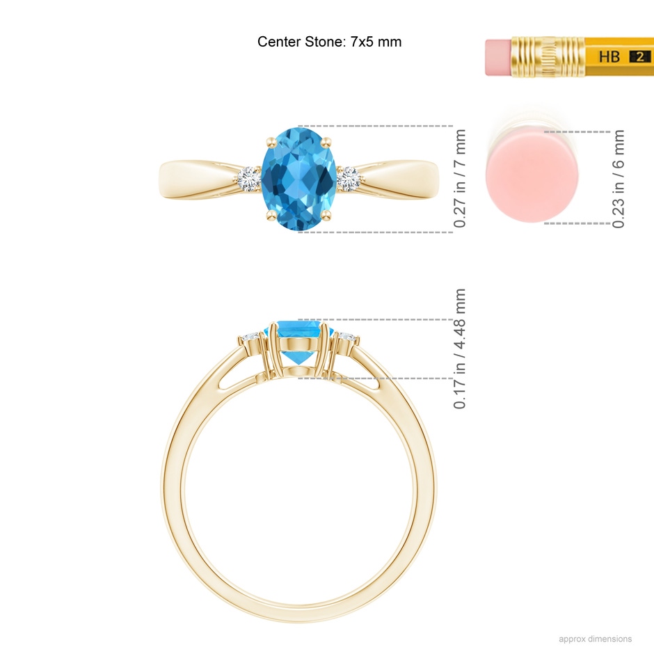 7x5mm AAA Swiss Blue Topaz Reverse Tapered Shank Ring with Diamonds in Yellow Gold ruler