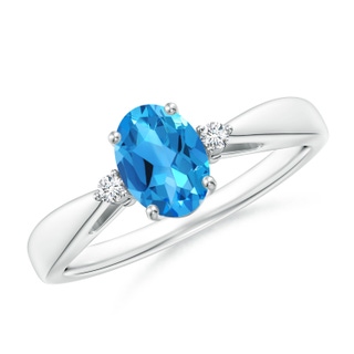 7x5mm AAAA Swiss Blue Topaz Reverse Tapered Shank Ring with Diamonds in P950 Platinum