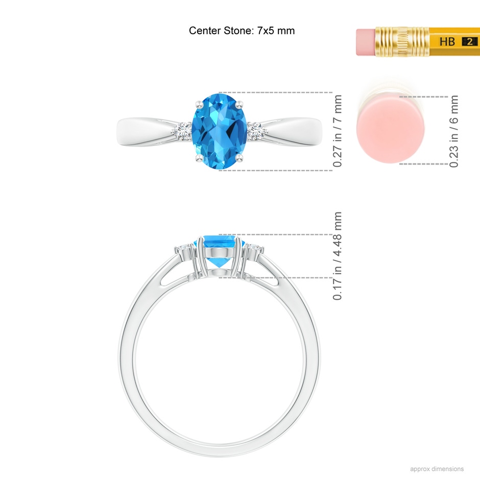 7x5mm AAAA Swiss Blue Topaz Reverse Tapered Shank Ring with Diamonds in P950 Platinum ruler