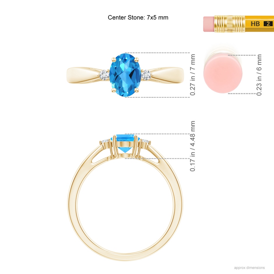7x5mm AAAA Swiss Blue Topaz Reverse Tapered Shank Ring with Diamonds in Yellow Gold ruler