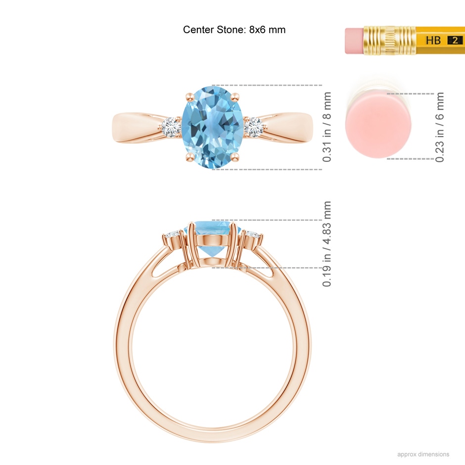 8x6mm A Swiss Blue Topaz Reverse Tapered Shank Ring with Diamonds in Rose Gold ruler