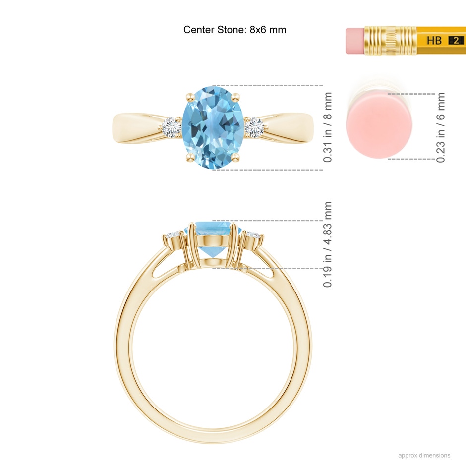 8x6mm A Swiss Blue Topaz Reverse Tapered Shank Ring with Diamonds in Yellow Gold ruler