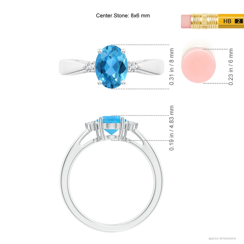8x6mm AAA Swiss Blue Topaz Reverse Tapered Shank Ring with Diamonds in P950 Platinum ruler