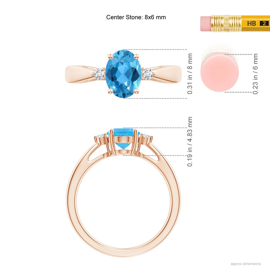 8x6mm AAA Swiss Blue Topaz Reverse Tapered Shank Ring with Diamonds in Rose Gold ruler