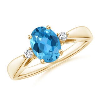 8x6mm AAA Swiss Blue Topaz Reverse Tapered Shank Ring with Diamonds in Yellow Gold