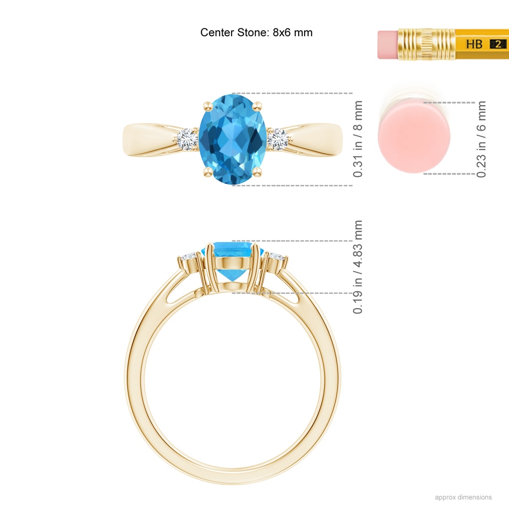 8x6mm AAA Swiss Blue Topaz Reverse Tapered Shank Ring with Diamonds in Yellow Gold Ruler
