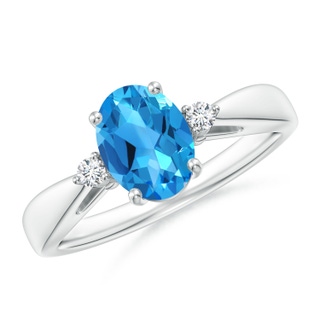 8x6mm AAAA Swiss Blue Topaz Reverse Tapered Shank Ring with Diamonds in P950 Platinum