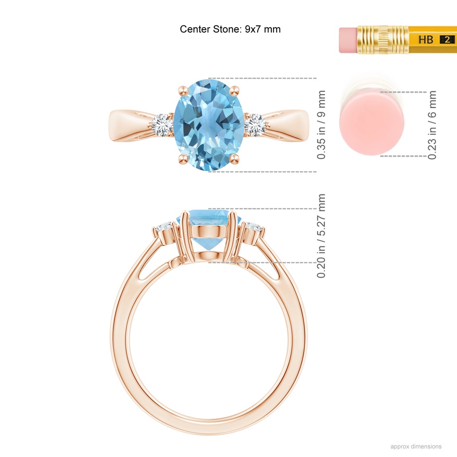 9x7mm A Swiss Blue Topaz Reverse Tapered Shank Ring with Diamonds in Rose Gold ruler