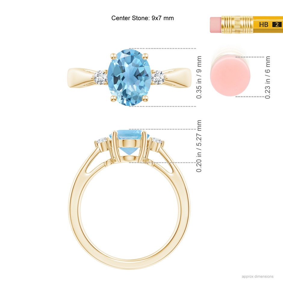 9x7mm A Swiss Blue Topaz Reverse Tapered Shank Ring with Diamonds in Yellow Gold ruler