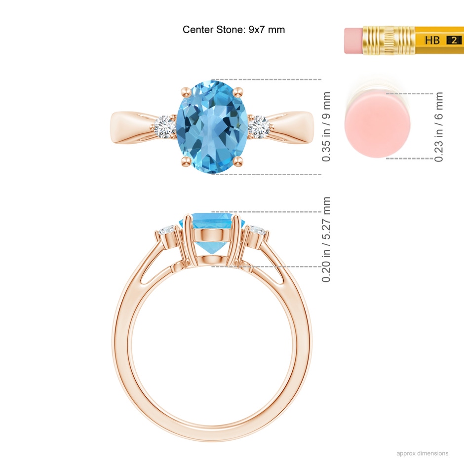 9x7mm AA Swiss Blue Topaz Reverse Tapered Shank Ring with Diamonds in Rose Gold ruler
