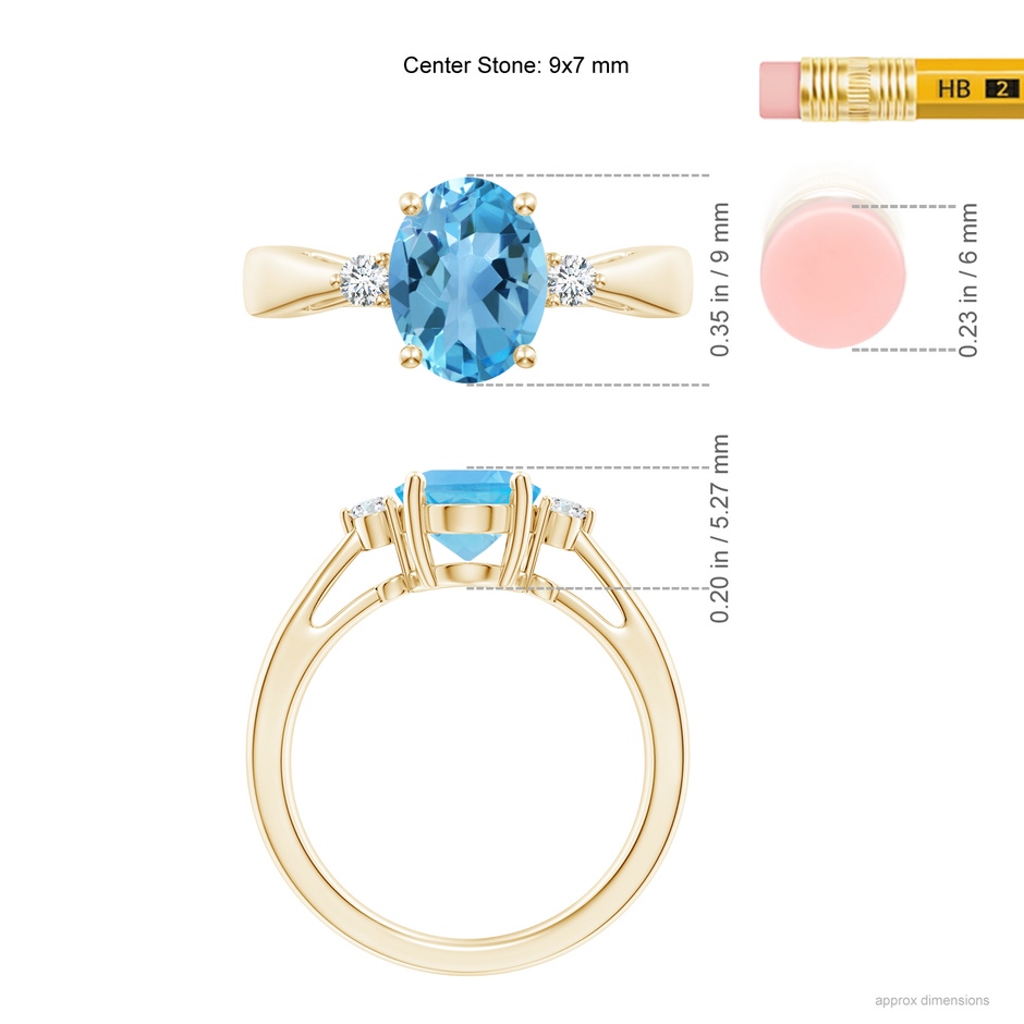 9x7mm AA Swiss Blue Topaz Reverse Tapered Shank Ring with Diamonds in Yellow Gold ruler