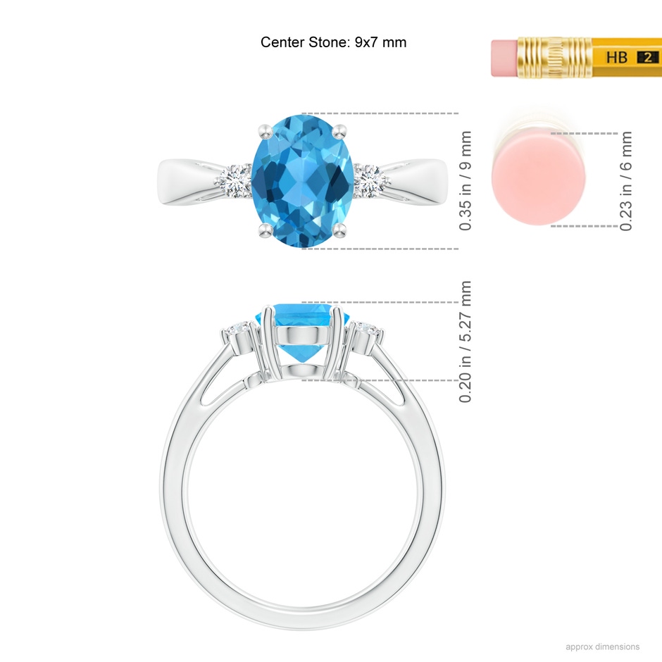 9x7mm AAA Swiss Blue Topaz Reverse Tapered Shank Ring with Diamonds in P950 Platinum ruler