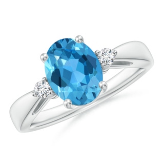 9x7mm AAA Swiss Blue Topaz Reverse Tapered Shank Ring with Diamonds in White Gold