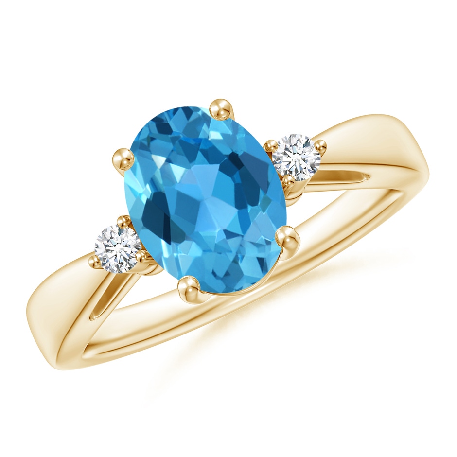 9x7mm AAA Swiss Blue Topaz Reverse Tapered Shank Ring with Diamonds in Yellow Gold 
