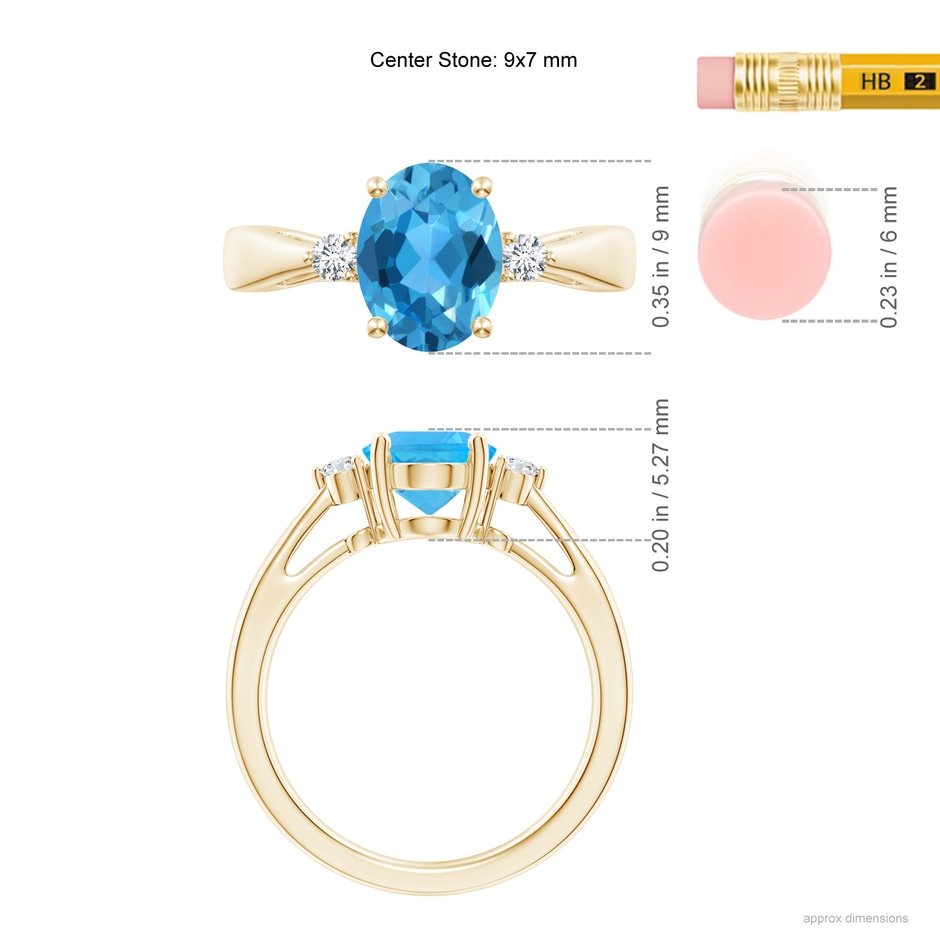 9x7mm AAA Swiss Blue Topaz Reverse Tapered Shank Ring with Diamonds in Yellow Gold ruler