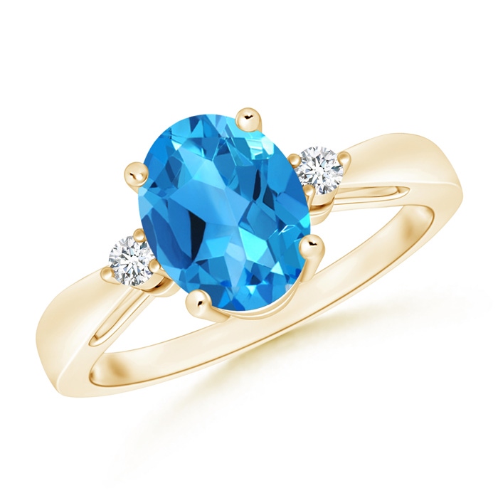 9x7mm AAAA Swiss Blue Topaz Reverse Tapered Shank Ring with Diamonds in 10K Yellow Gold 