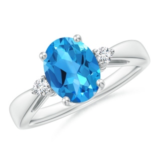 9x7mm AAAA Swiss Blue Topaz Reverse Tapered Shank Ring with Diamonds in P950 Platinum