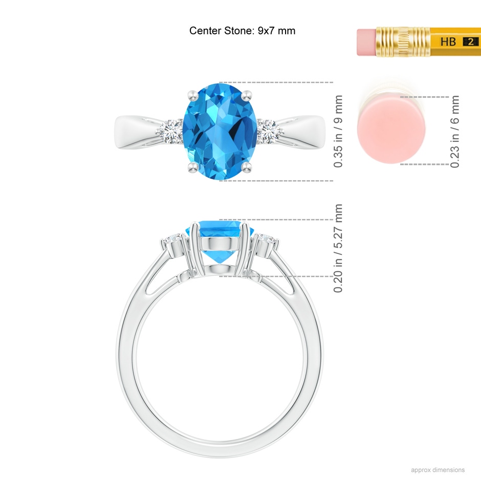 9x7mm AAAA Swiss Blue Topaz Reverse Tapered Shank Ring with Diamonds in P950 Platinum ruler