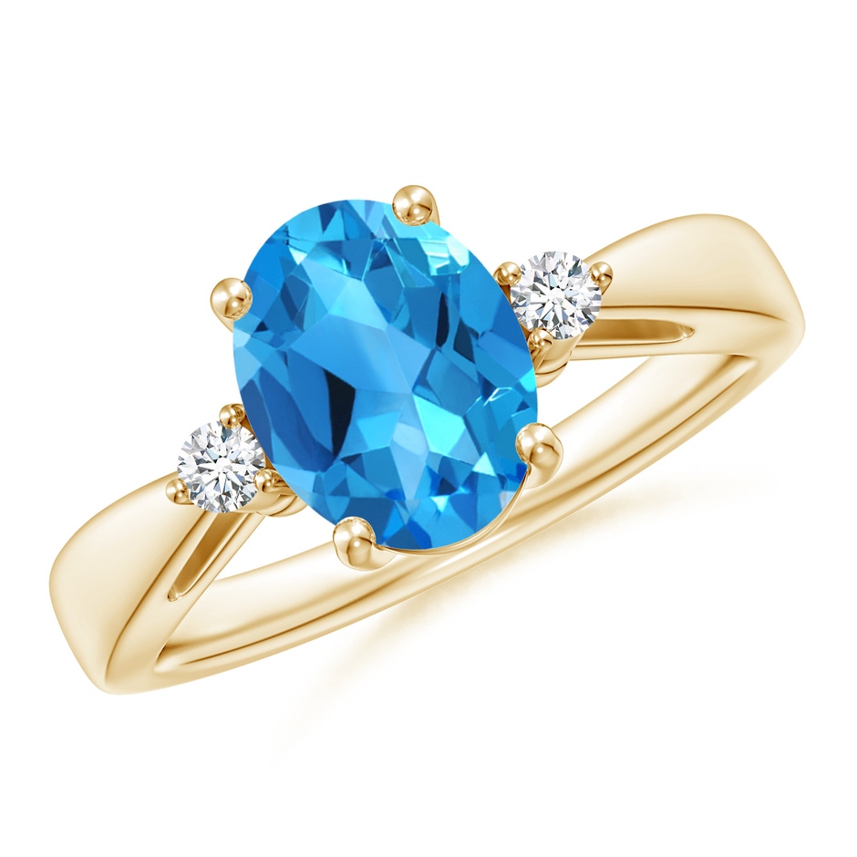 9x7mm AAAA Swiss Blue Topaz Reverse Tapered Shank Ring with Diamonds in Yellow Gold 