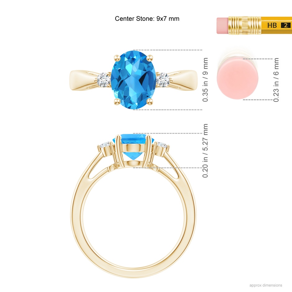 9x7mm AAAA Swiss Blue Topaz Reverse Tapered Shank Ring with Diamonds in Yellow Gold ruler