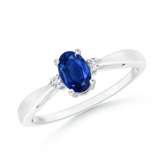6x4mm AAA Tapered Shank Blue Sapphire Solitaire Ring with Diamond Accents in 9K White Gold