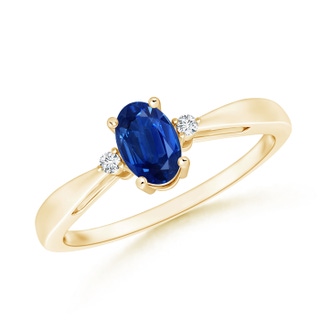 6x4mm AAA Tapered Shank Blue Sapphire Solitaire Ring with Diamond Accents in Yellow Gold
