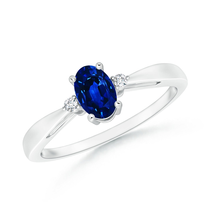 6x4mm AAAA Tapered Shank Blue Sapphire Solitaire Ring with Diamond Accents in P950 Platinum
