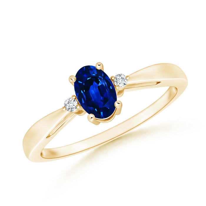 6x4mm AAAA Tapered Shank Blue Sapphire Solitaire Ring with Diamond Accents in Yellow Gold