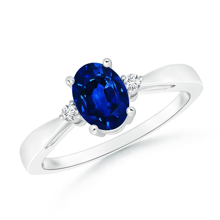 7x5mm AAAA Tapered Shank Blue Sapphire Solitaire Ring with Diamond Accents in White Gold 