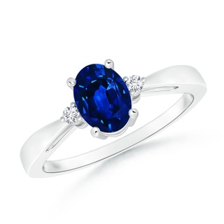 7x5mm AAAA Tapered Shank Blue Sapphire Solitaire Ring with Diamond Accents in White Gold