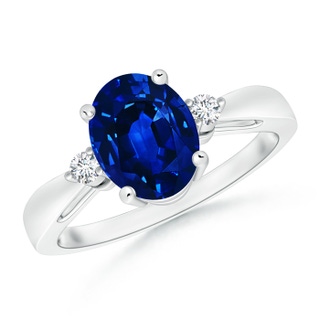 9x7mm AAAA Tapered Shank Blue Sapphire Solitaire Ring with Diamond Accents in P950 Platinum