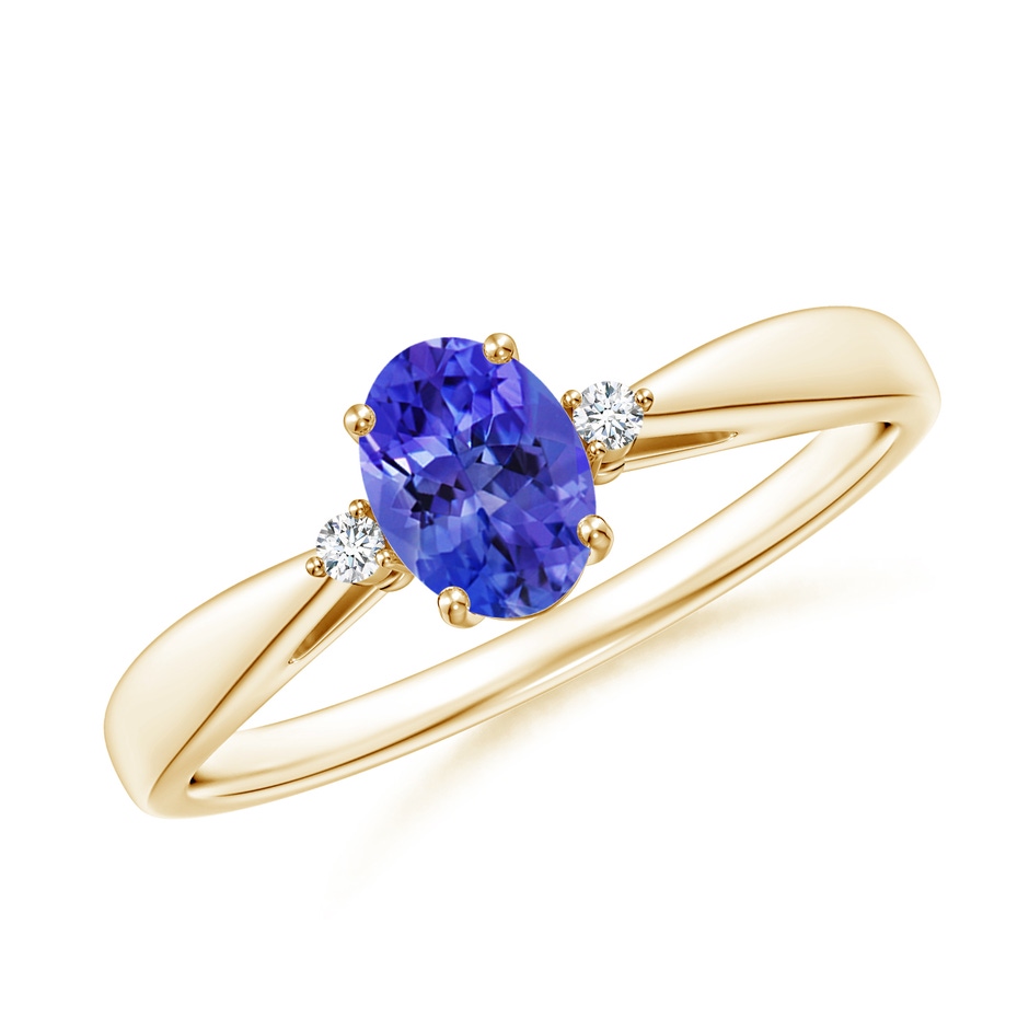 6x4mm AAAA Tapered Shank Tanzanite Solitaire Ring with Diamond Accents in Yellow Gold 