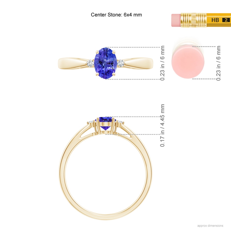 6x4mm AAAA Tapered Shank Tanzanite Solitaire Ring with Diamond Accents in Yellow Gold ruler