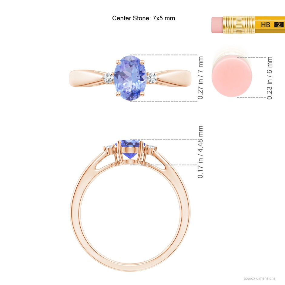 7x5mm A Tapered Shank Tanzanite Solitaire Ring with Diamond Accents in Rose Gold ruler