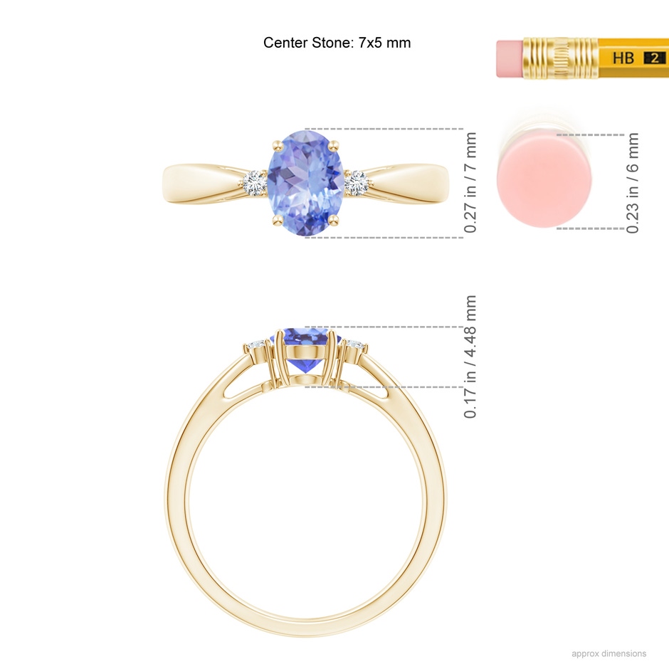 7x5mm A Tapered Shank Tanzanite Solitaire Ring with Diamond Accents in Yellow Gold ruler