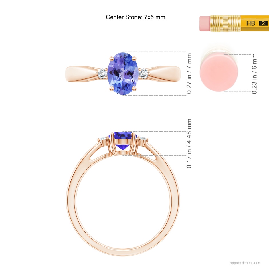 7x5mm AA Tapered Shank Tanzanite Solitaire Ring with Diamond Accents in Rose Gold ruler