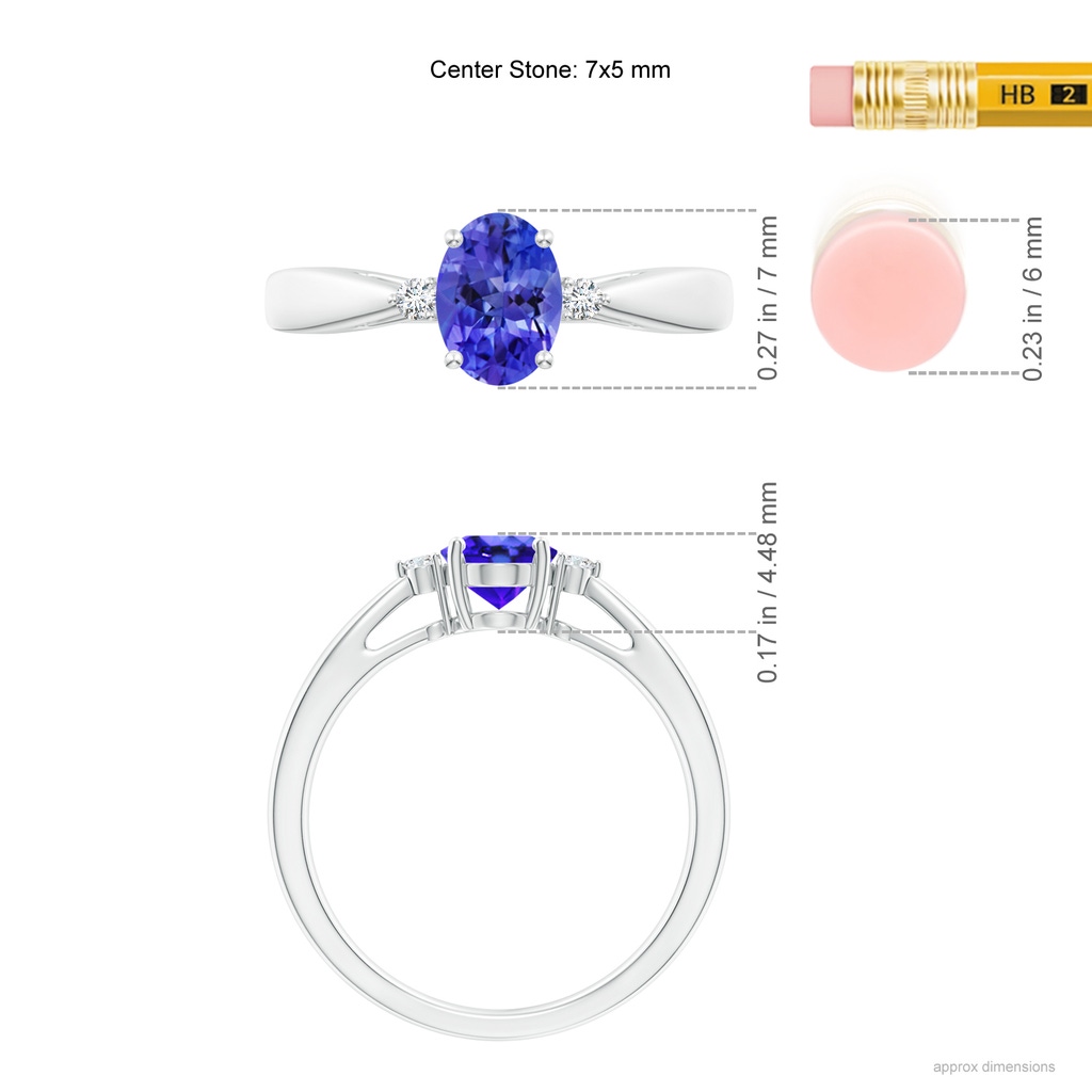 7x5mm AAA Tapered Shank Tanzanite Solitaire Ring with Diamond Accents in White Gold Ruler