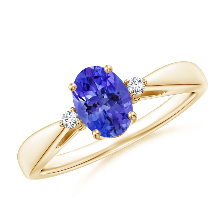 7x5mm AAA Tapered Shank Tanzanite Solitaire Ring with Diamond Accents in Yellow Gold 