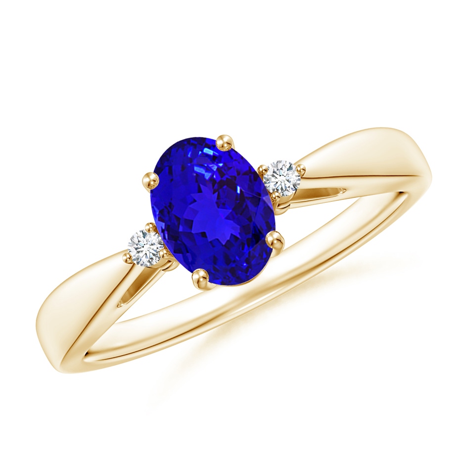7x5mm AAAA Tapered Shank Tanzanite Solitaire Ring with Diamond Accents in Yellow Gold 