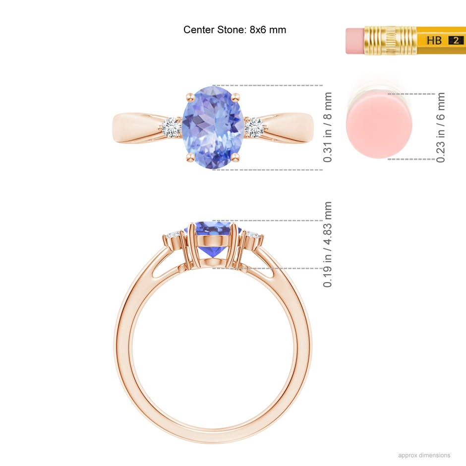 8x6mm A Tapered Shank Tanzanite Solitaire Ring with Diamond Accents in Rose Gold ruler