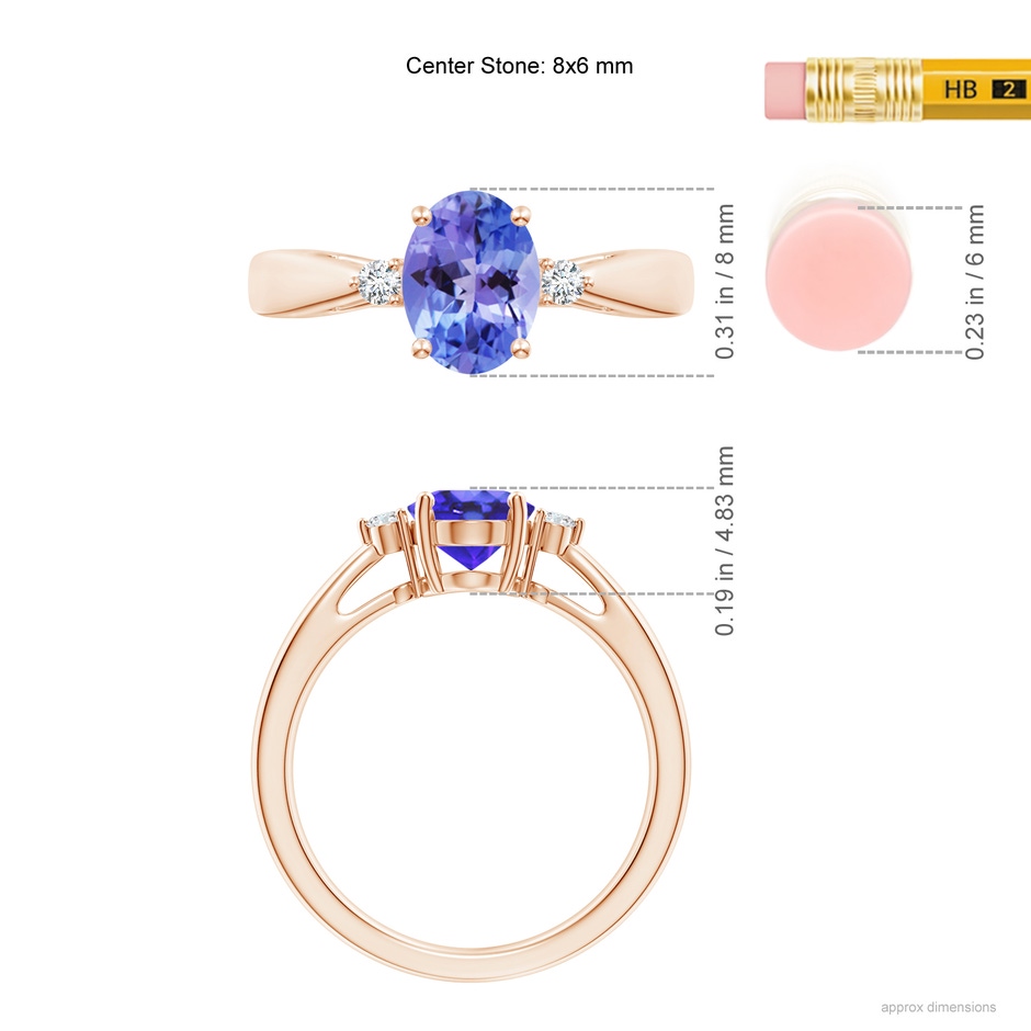 8x6mm AA Tapered Shank Tanzanite Solitaire Ring with Diamond Accents in Rose Gold ruler