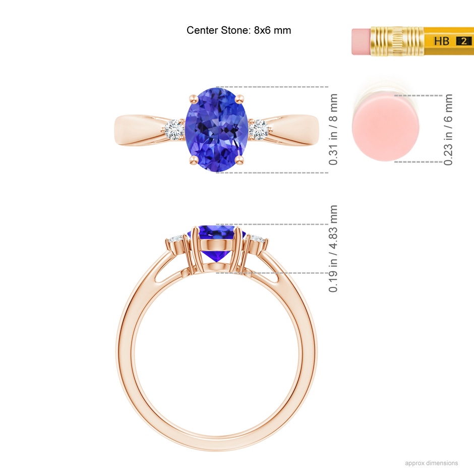 8x6mm AAA Tapered Shank Tanzanite Solitaire Ring with Diamond Accents in Rose Gold ruler