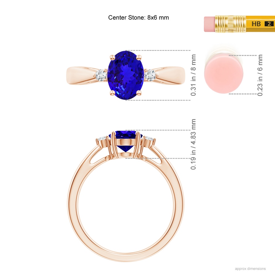 8x6mm AAAA Tapered Shank Tanzanite Solitaire Ring with Diamond Accents in Rose Gold ruler
